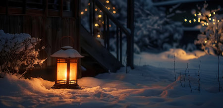 Cozy winter night with glowing lantern in snowy forestの素材