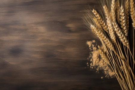Closeup of golden wheat stalks on rustic wooden backgroundの素材