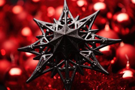 Shiny black star ornament on red backgroundの素材
