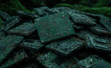 Discarded circuit boards in a dark, moody environmentの素材