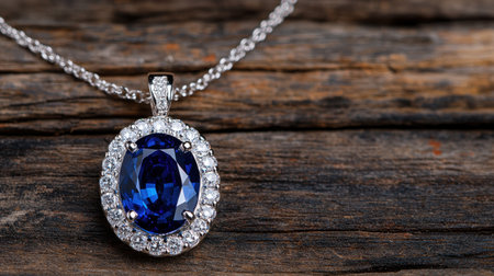 Elegant blue sapphire pendant on wooden backgroundの素材