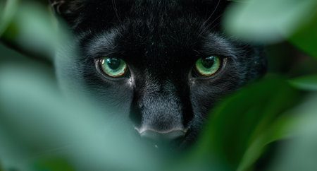 close-up of a black cat with green eyesの素材
