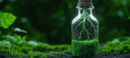 Glowing plant roots in glass bottleの素材