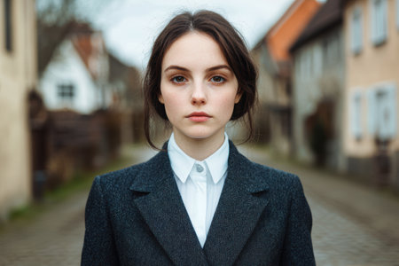 Serious young woman in a dark coat standing in an urban settingの素材