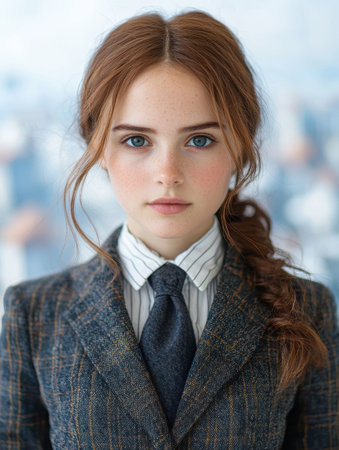 young woman in a business suit with a serious expressionの素材