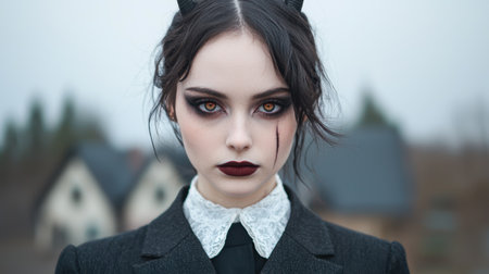 gothic woman with dark makeup and intense expressionの素材