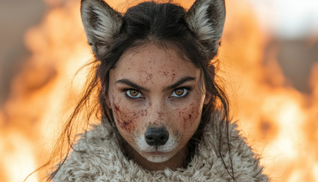 woman with wolf-like features in autumn settingの素材