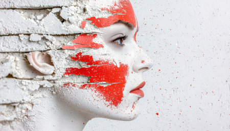 abstract portrait of woman with red paintの素材
