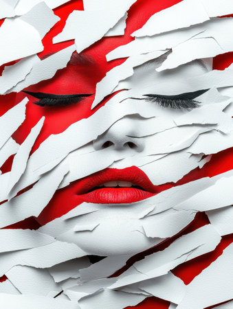 abstract portrait of a woman's face with red lips and eyelashesの素材