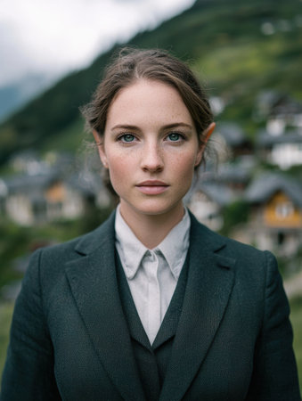 Serious young woman in green coat standing outdoorsの素材