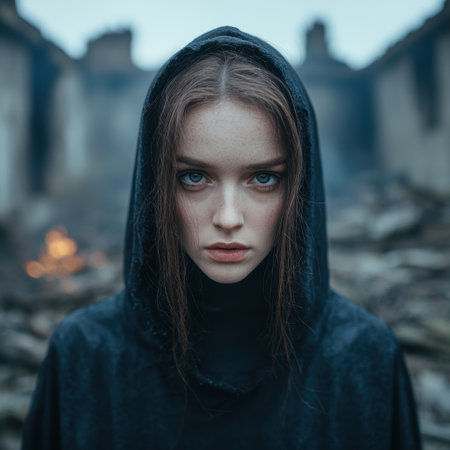 Mysterious woman in dark hooded jacketの素材