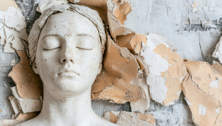 Weathered face sculpture with closed eyesの素材