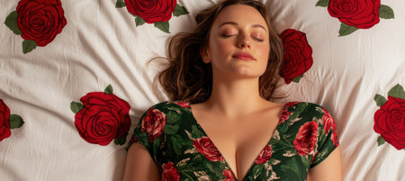 woman relaxing on bed surrounded by red rosesの素材