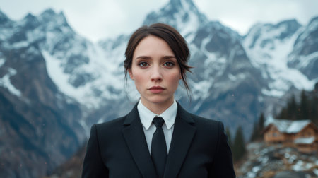 Serious young woman in suit standing in snowy mountainsの素材