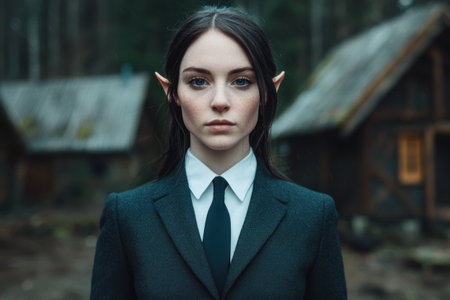 serious woman in formal attire with pointed earsの素材