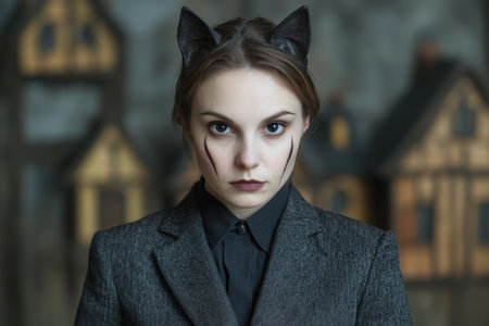 mysterious woman with cat ears in dark coatの素材