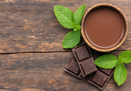 Chocolate and mint leaves on rustic wooden backgroundの素材