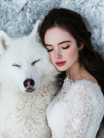 woman in white lace dress cuddling white dog in snowy landscapeの素材