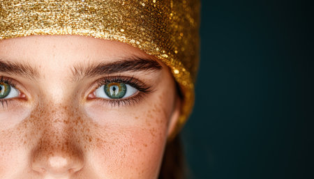 Closeup of a person's face with golden glitter on the foreheadの素材