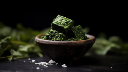 fresh organic spinach leaves in wooden bowlの素材