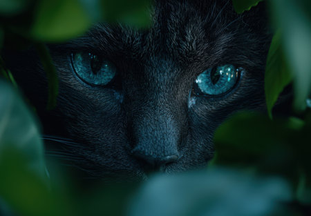 Close-up of a black cat's face with piercing blue eyesの素材