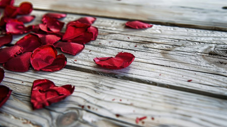 Scattered red rose petals on a rustic wooden surfaceの素材