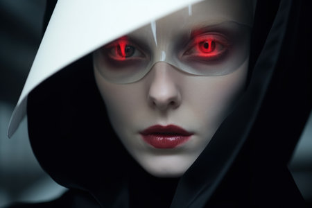 Mysterious hooded figure with glowing red eyesの素材