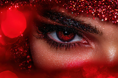 Enchanting red eye close-up with sparkling glitterの素材