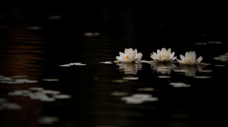 Serene water lilies floating on a dark pondの素材