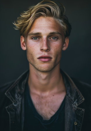 Handsome young man with windswept hairの素材