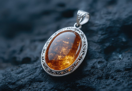 Elegant amber pendant on dark stone backgroundの素材
