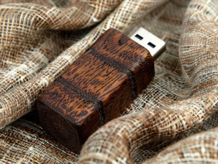 Wooden usb drive on burlap fabricの素材