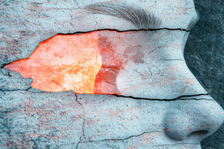 Cracked stone surface with vibrant orange textureの素材