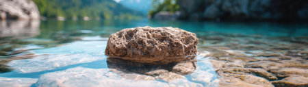 Serene lake with rocky shoreの素材