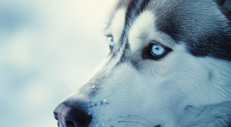 close-up of a husky dog with piercing blue eyesの素材