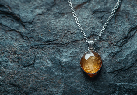 amber pendant necklace on dark rock backgroundの素材
