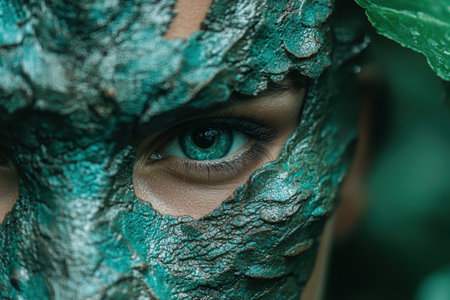 Mysterious green eye peeking through cracked surfaceの素材