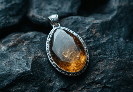 Amber gemstone pendant on dark rockの素材