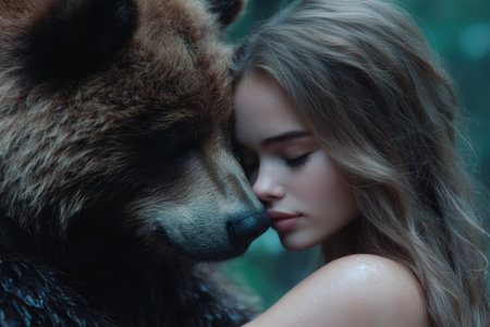 woman with wolf-like dog in natureの素材