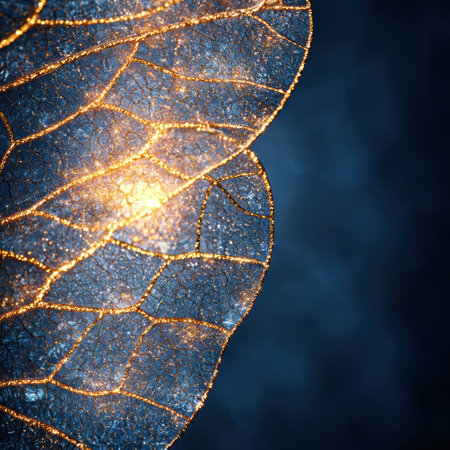 Intricate golden leaf pattern against a dark blue backgroundの素材