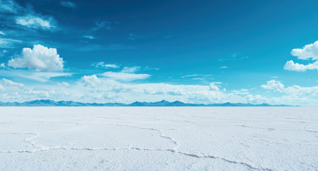 Vast salt flat landscape with mountains in the distanceの素材