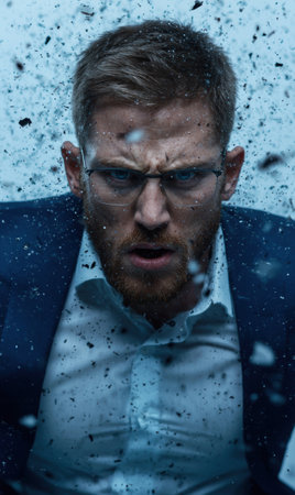 Intense man in storm with rain and windの素材