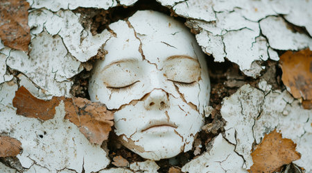 Weathered porcelain doll face in cracked earthの素材