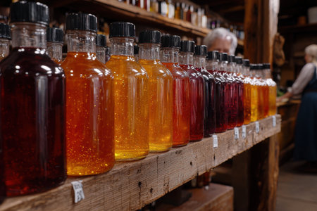 Colorful bottles of homemade sauces and condiments on displayの素材