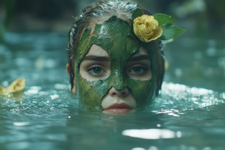 woman with green face mask in waterの素材
