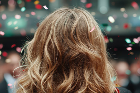 Closeup of wavy blonde hair with colorful bokeh backgroundの素材