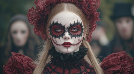 haunting gothic female portrait with dark makeup and floral crownの素材