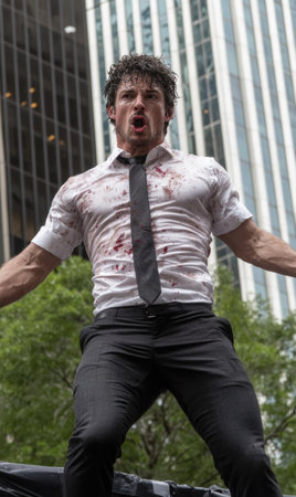 Angry businessman with bloodstained shirtの素材