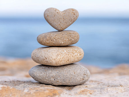 stacked heart-shaped stones on beachの素材