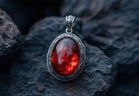 Fiery gemstone pendant on dark rockの素材